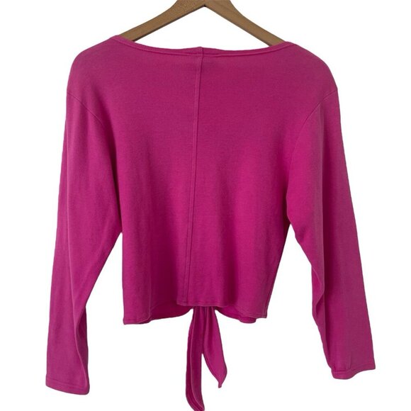 Christian Dior Vintage 80s Crop Top S Pink 3/4 Sleeve Front Tie Blouse Designer - Picture 6 of 13